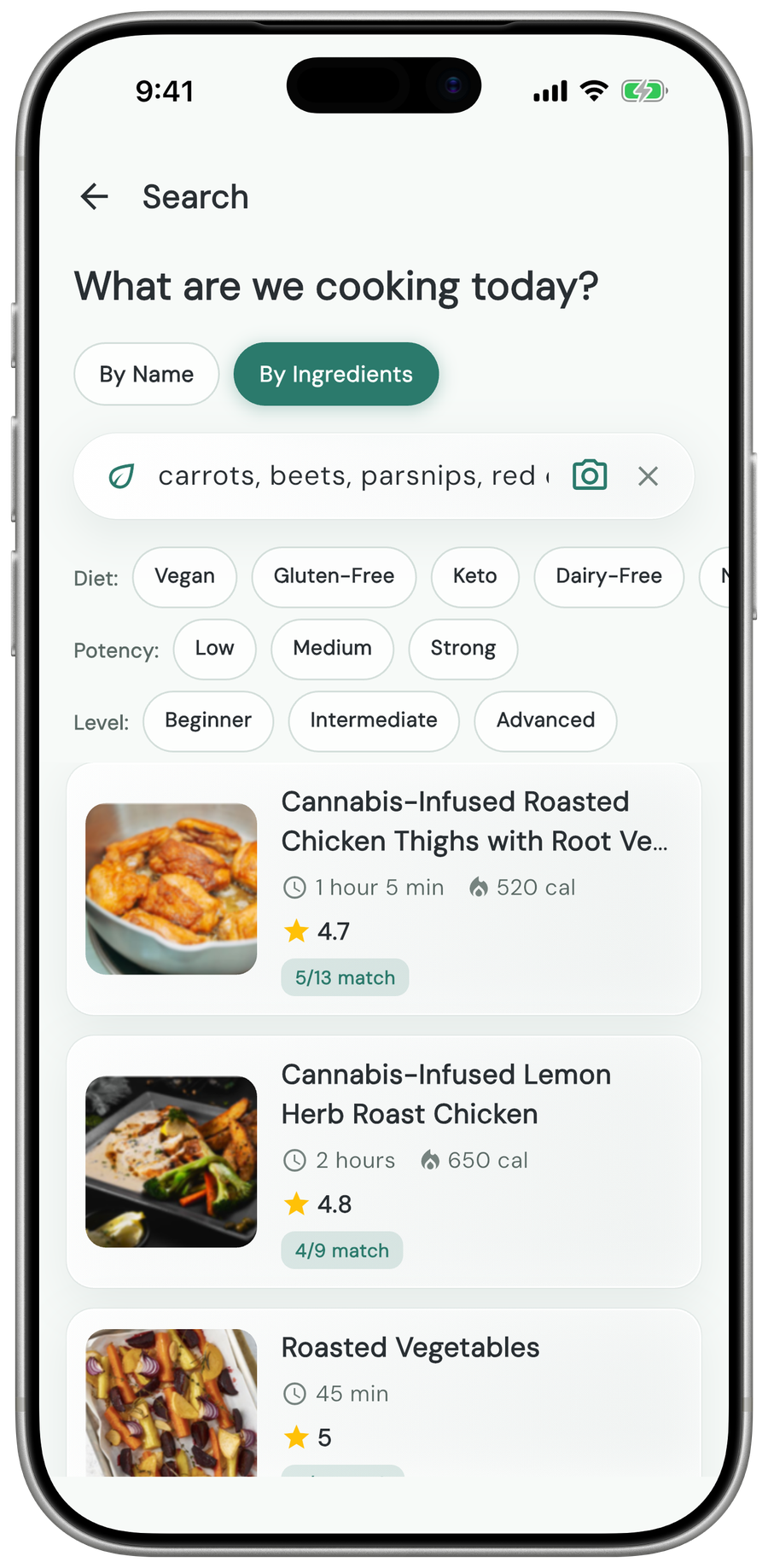 Canabee app pantry scan results listing the ingredients found and recipes ranked by how many match