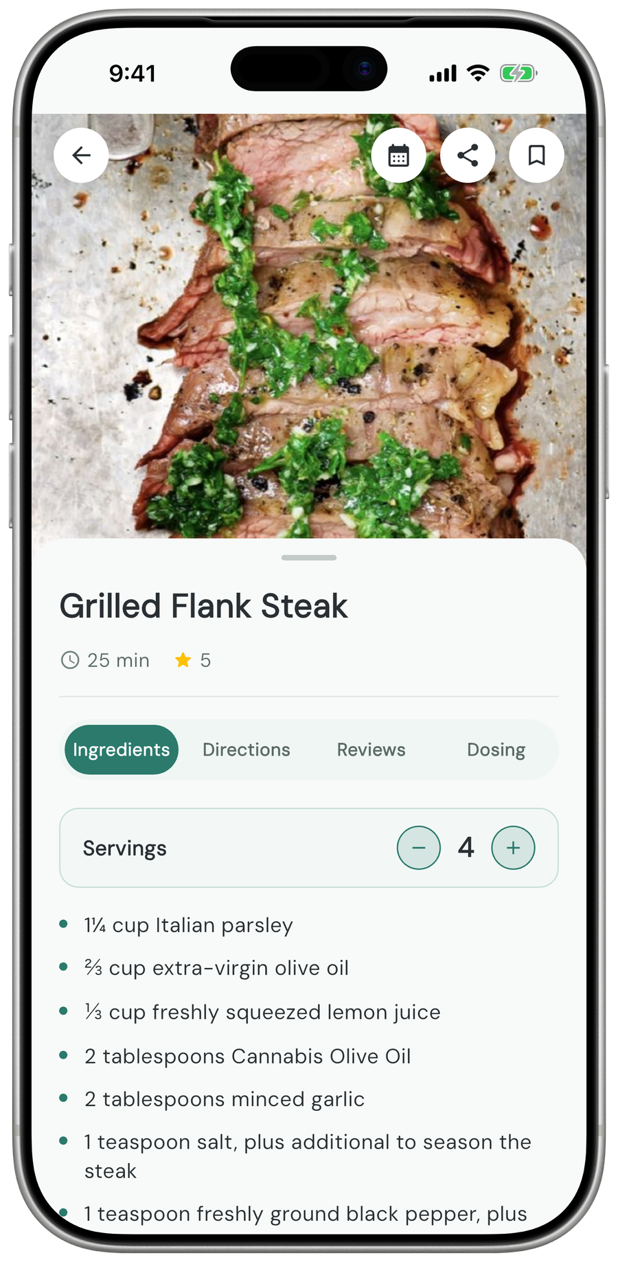 Canabee app recipe for Grilled Flank Steak showing the ingredients and a servings stepper