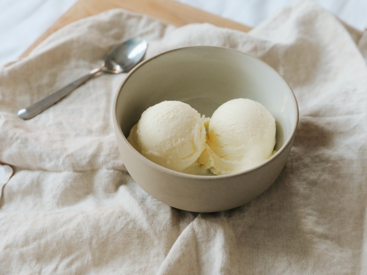 Two scoops of vanilla ice cream in a ceramic bowl